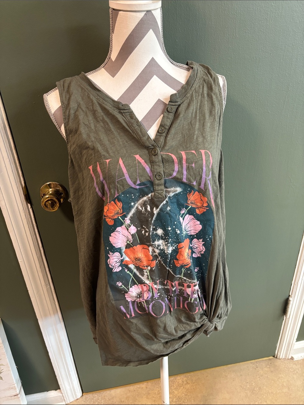 torrid Olive Graphic Henley Tank with Floral Moon